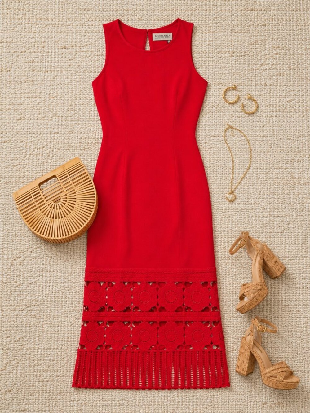Adrianna Knit Crochet Trim Sleeveless Red Midi Dress NWT Cocktail Parties Dates